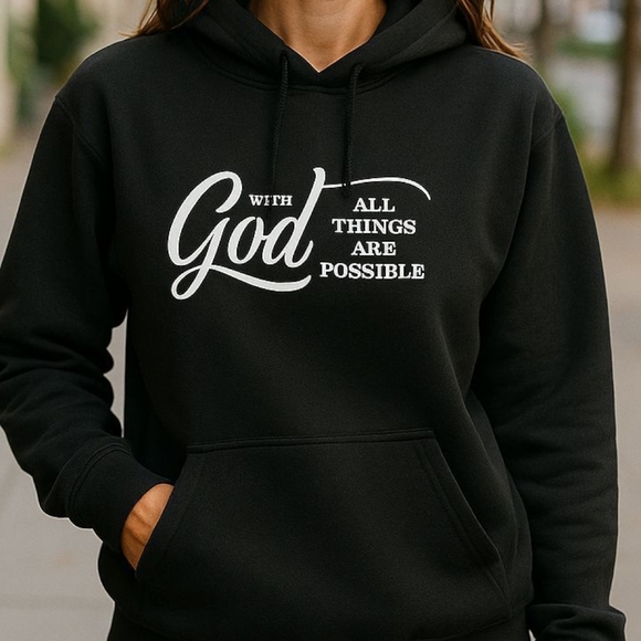 Christian Clothing - NWOT Drawstring Hoodie, "With God All Things Are Possible" - Picture 2 of 12